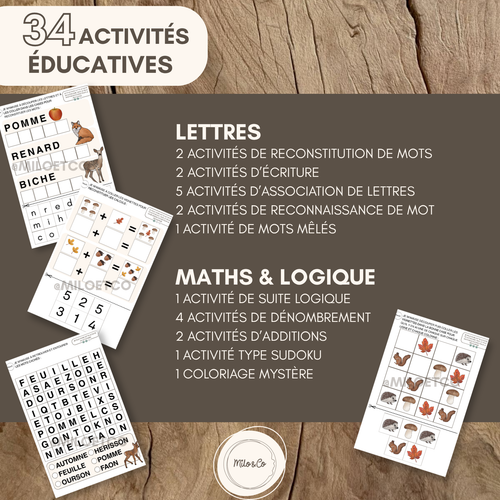 Pack d’Activités Éducatives Automne - Niveau Maternelle - Lettres, Mathématiques, Motricité Fine… - Fichiers PDF a Télécharger